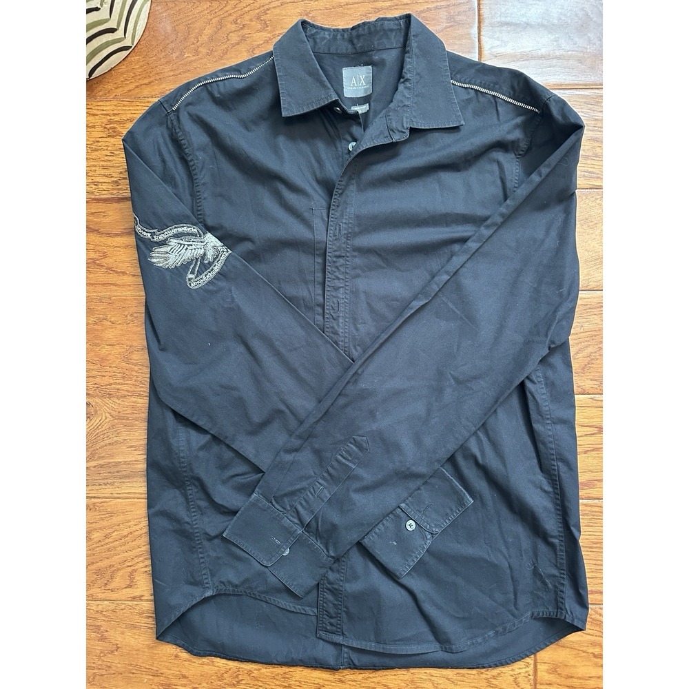 Armani Exchange Mens L Black Button Up Shirt Eagle Embroidered Sleeve Zipper L